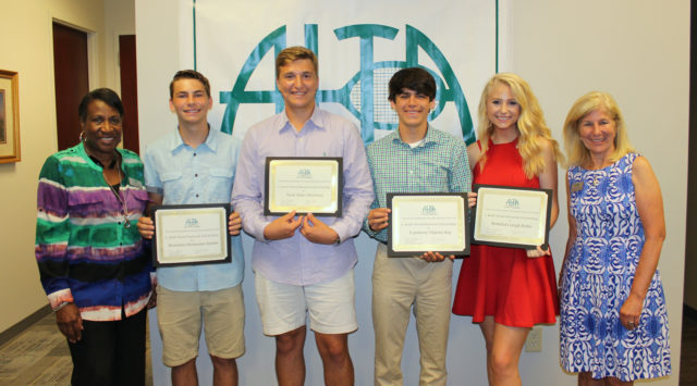 IMG_5913 ALTA President Joyce Vance, far left, and ALTA Foundation President Linda Shepherd, far right, honored this year's scholarship winners. They are Brandon Banke, Neal Seymour, Cameron Raj and Rebekah Bobo, from left.